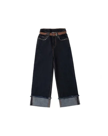 Blugi Fete  Wide Fit din Denim Elastic cu Tinte, Curea Inclusa si Talie Reglabila, Albastru Inchis