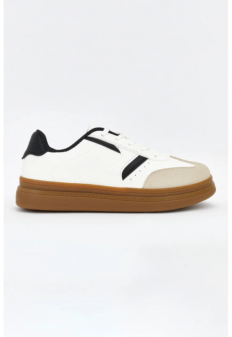 Pantofi sport de piele ecologica si piele intoarsa sintetica, Alb/Negru/Bej