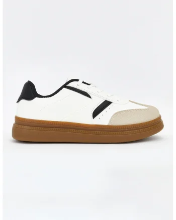 Pantofi sport de piele ecologica si piele intoarsa sintetica, Alb/Negru/Bej