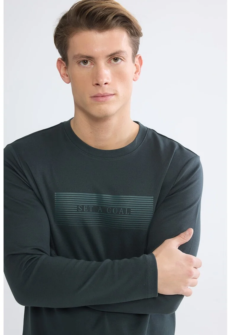 Bluza de trening cu imprimeu text, Verde inchis