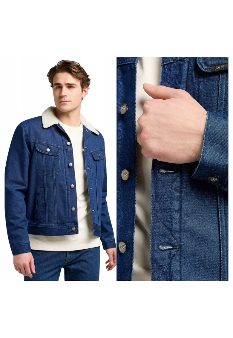 Jacheta Barbati,  Sherpa Jacket, Regular Fit, Maneca Lunga, Cu Guler, Design Clasic, Denim Aspect, Bumbac, Albastru, Albastru