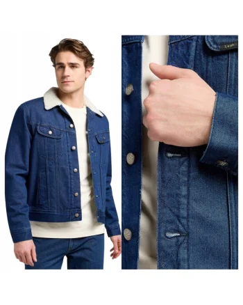 Jacheta Barbati,  Sherpa Jacket, Regular Fit, Maneca Lunga, Cu Guler, Design Clasic, Denim Aspect, Bumbac, Albastru, Albastru