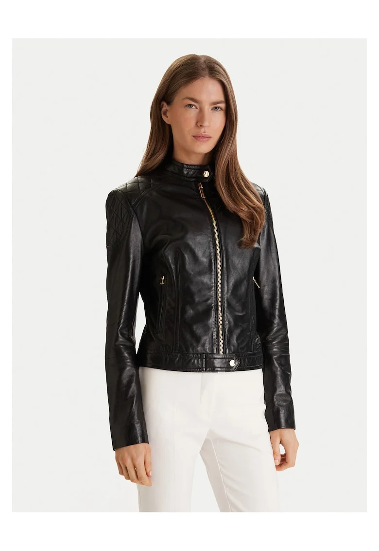 Geaca de piele,  neagra, fermoar, pentru femei