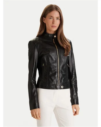 Geaca de piele,  neagra, fermoar, pentru femei
