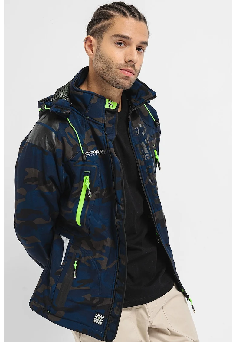 Geaca cu gluga si imprimeu camuflaj Techno, Negru stins/Gri inchis/Bleumarin