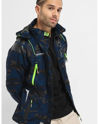 Geaca cu gluga si imprimeu camuflaj Techno, Negru stins/Gri inchis/Bleumarin