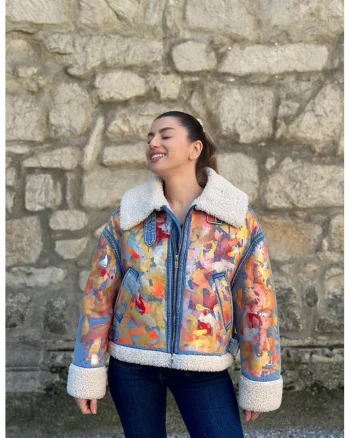 Jacheta pictata manual, de denim, cu captuseala de blana shearling sintetica, Galben/Albastru deschis melange/Oranj