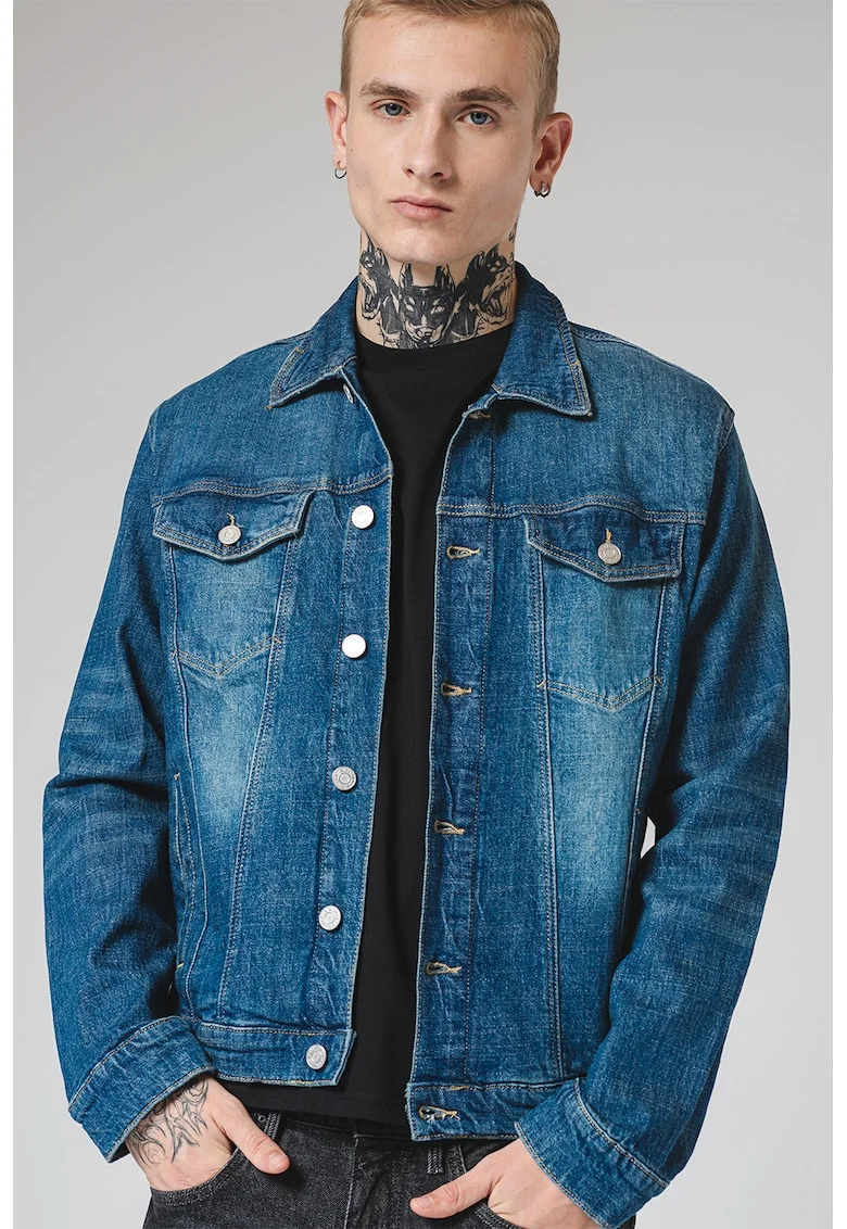 Jacheta de denim cu buzunare cu clapa, Albastru