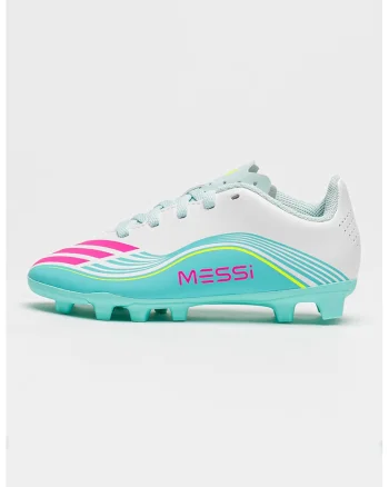 Pantofi cu crampoane F50 MESSI CLUB pentru fotbal, Alb/Turcoaz inchis