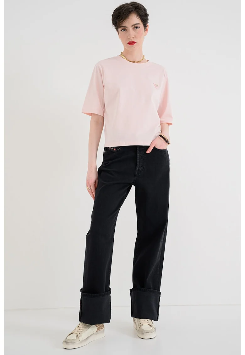 Tricou din bumbac cu decolteu la baza gatului, Roz