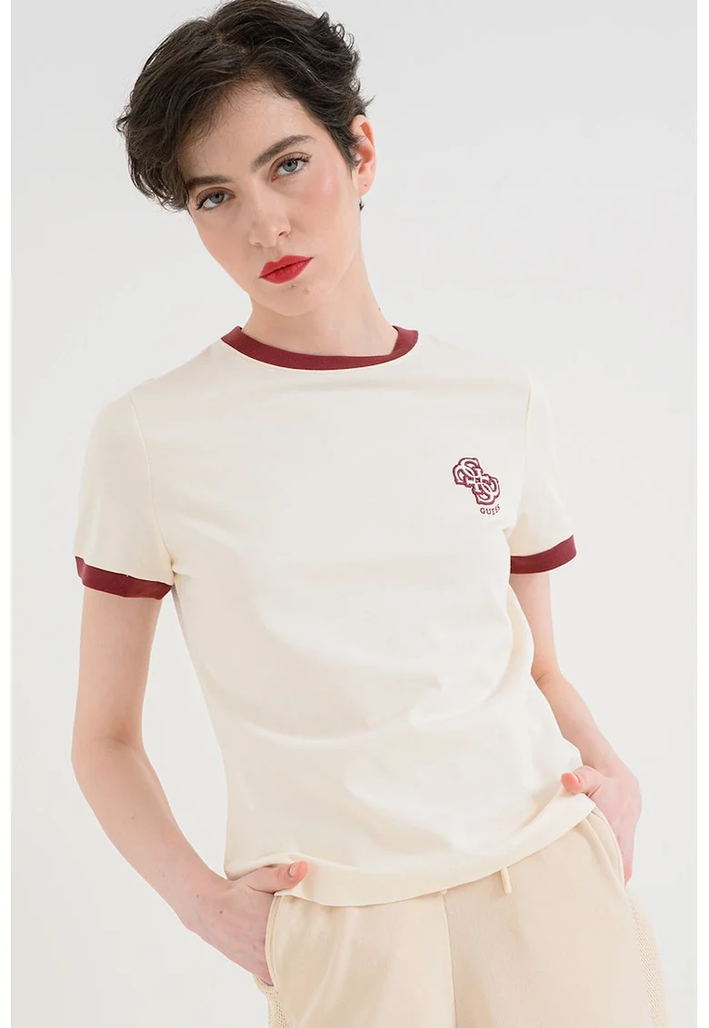 Tricou din bumbac cu detalii contrastante, Visiniu/Alb fildes