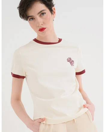 Tricou din bumbac cu detalii contrastante, Visiniu/Alb fildes