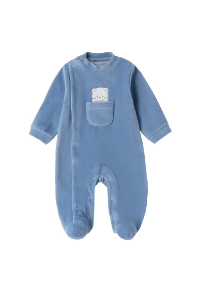 Salopeta bebe iDO din chenille cu efect catifelat, cu buzunar decorativ, Albastru