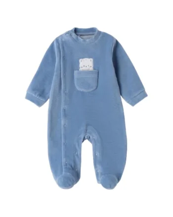 Salopeta bebe iDO din chenille cu efect catifelat, cu buzunar decorativ, Albastru