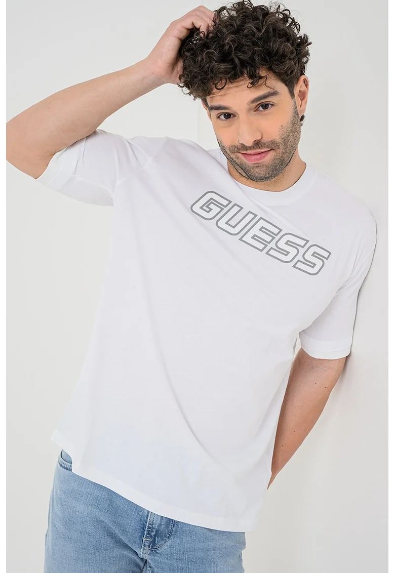 Tricou cu logo si decolteu la baza gatului pentru fitness, Alb optic/Gri inchis