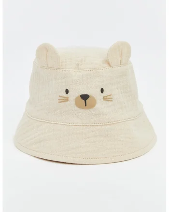 Palarie bucket din bumbac cu imprimeu urs, Bej deschis