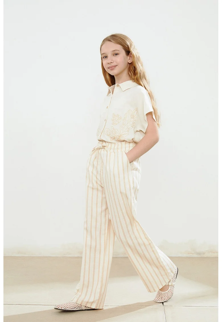 Pantaloni de bumbac cu dungi si snur, Piersica/Crem