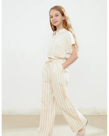 Pantaloni de bumbac cu dungi si snur, Piersica/Crem