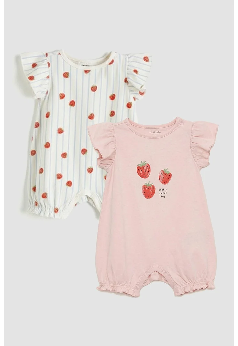 Set de salopete de bumbac cu imprimeu fructat - 2 piese, Alb/Roz pal