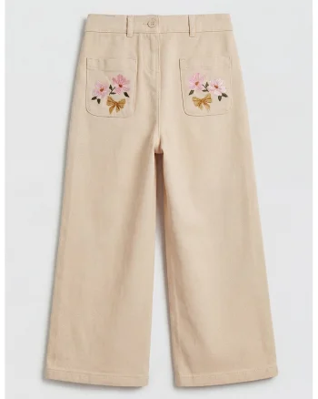 Blugi cu croiala ampla si broderii florale, Galben vanilie
