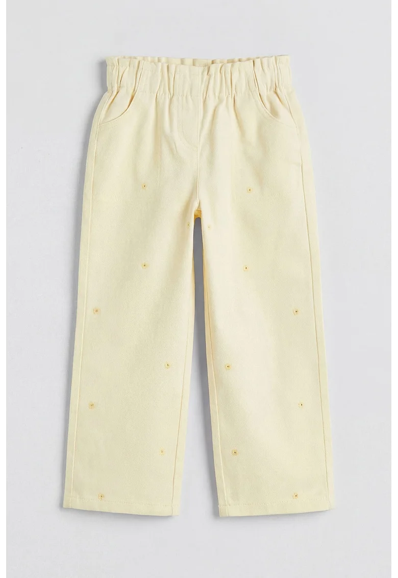 Blugi cu croiala ampla si broderie florala, Crem