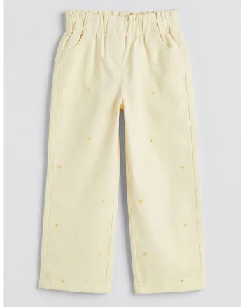 Blugi cu croiala ampla si broderie florala, Crem