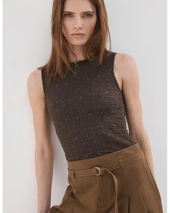 Top slim-fit cu nituri, Maro inchis