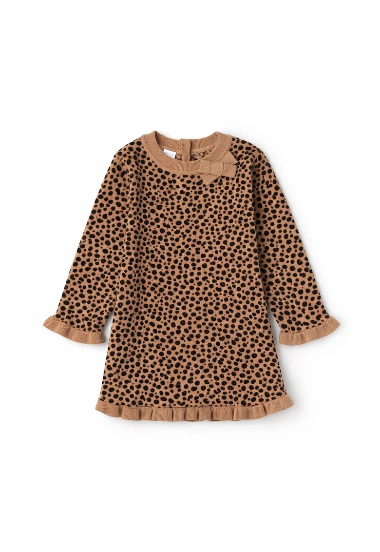 Rochie fete iDO din bumbac tricot, model animal print cu fundita aplicata