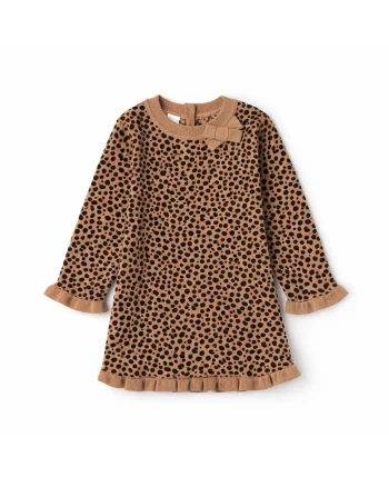 Rochie fete iDO din bumbac tricot, model animal print cu fundita aplicata