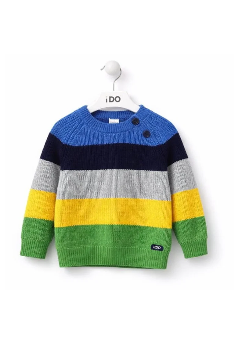 Pulover baiat iDO tricotat in dungi, cu nasturi pe umar bumbac si lana Multicolor