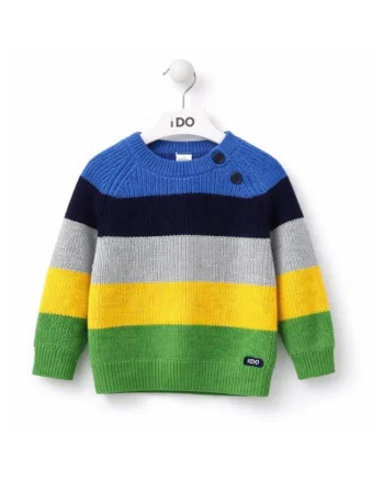 Pulover baiat iDO tricotat in dungi, cu nasturi pe umar bumbac si lana Multicolor