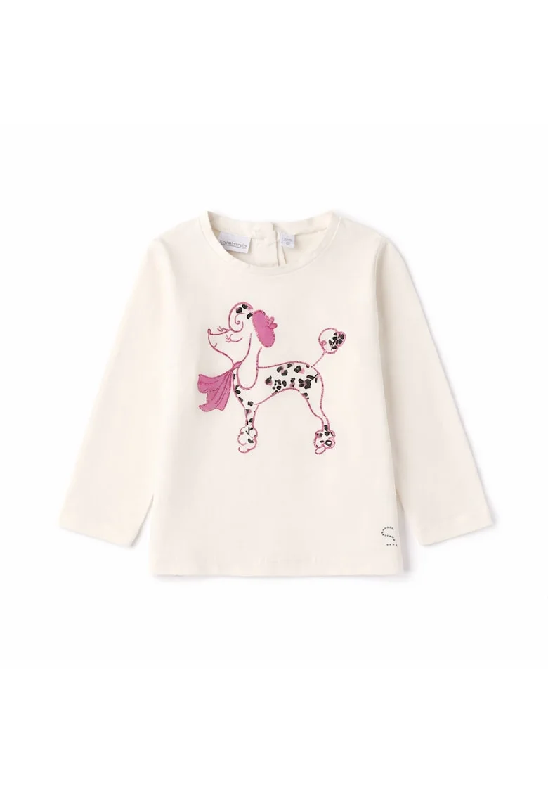 Bluza fete  din bumbac elastic cu imprimeu pudel si aplicatii stras maneca lunga Alb crem