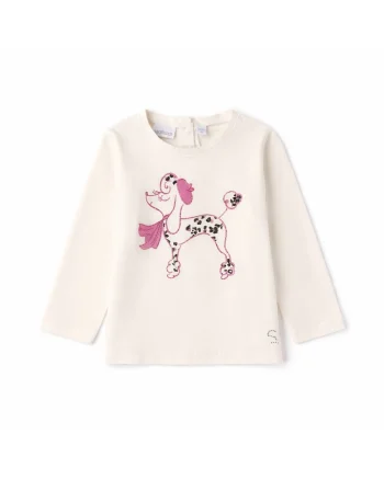 Bluza fete  din bumbac elastic cu imprimeu pudel si aplicatii stras maneca lunga Alb crem
