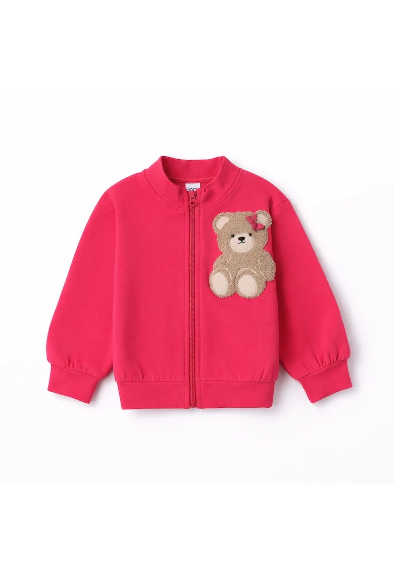Hanorac fete iDO din bumbac elastic fleece cu fermoar si broderie ursulet stil casual