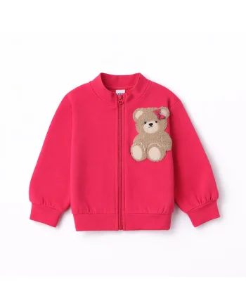 Hanorac fete iDO din bumbac elastic fleece cu fermoar si broderie ursulet stil casual