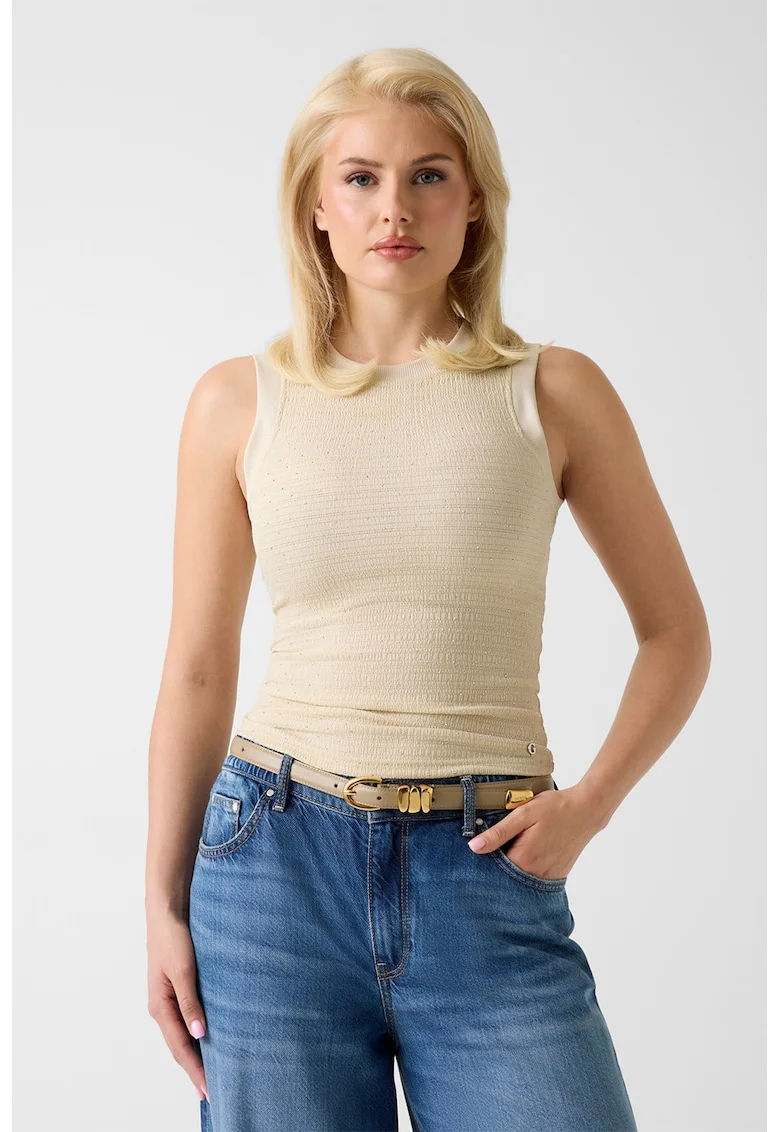 Top slim-fit cu aplicatii din strasuri, Maro camel