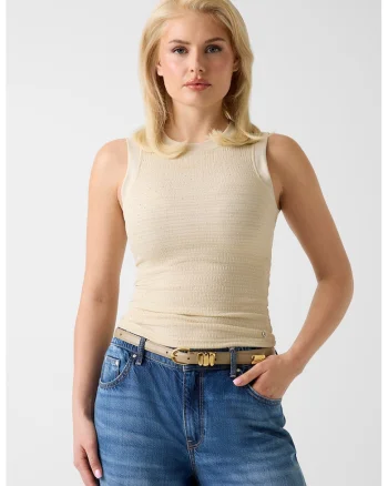 Top slim-fit cu aplicatii din strasuri, Maro camel