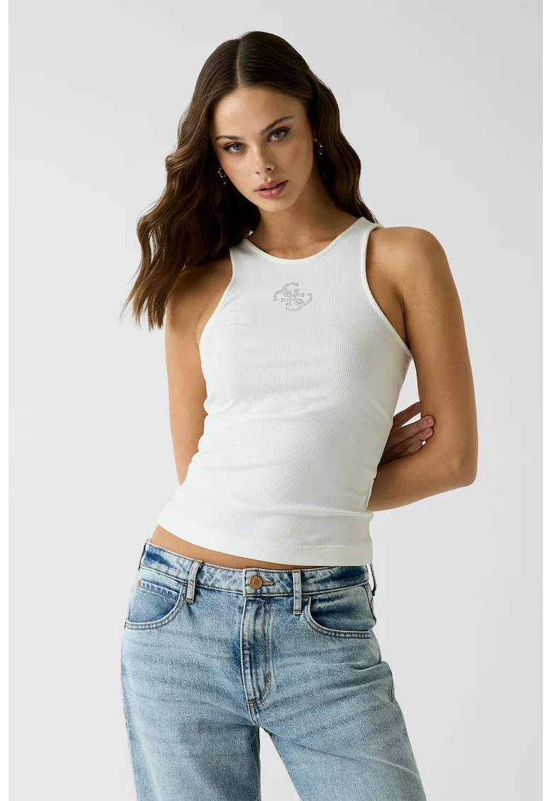 Top slim-fit cu striatii si logo din strasuri, Albastru pal/Argintiu
