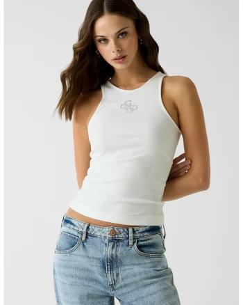 Top slim-fit cu striatii si logo din strasuri, Albastru pal/Argintiu