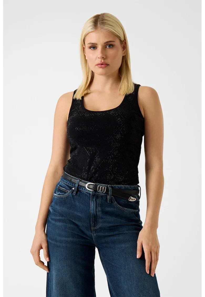 Top slim-fit cu model monograma, Negru/Argintiu