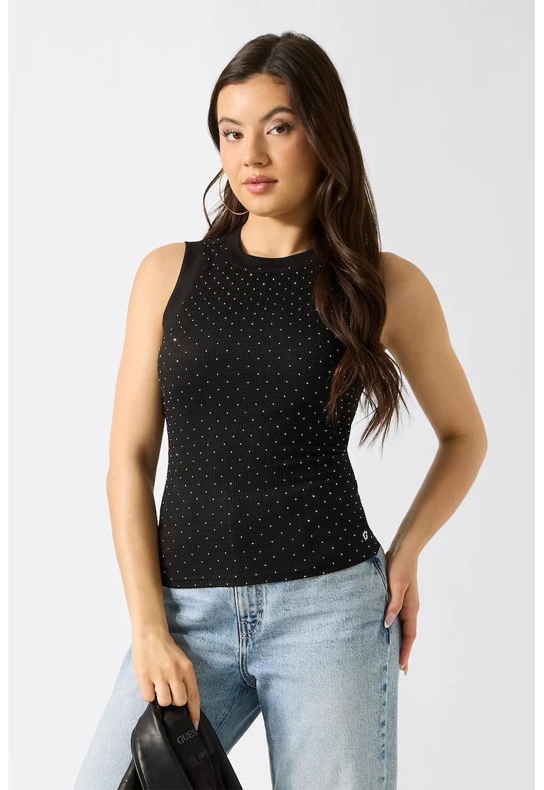 Top slim-fit cu aplicatii din strasuri, Negru/Argintiu