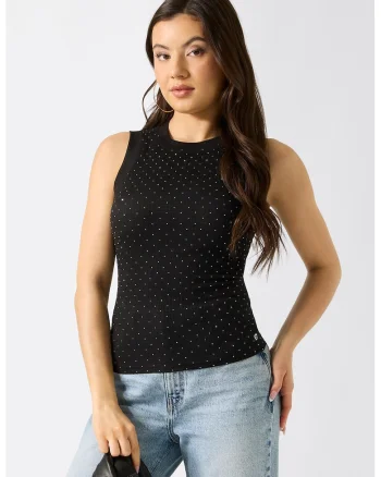 Top slim-fit cu aplicatii din strasuri, Negru/Argintiu