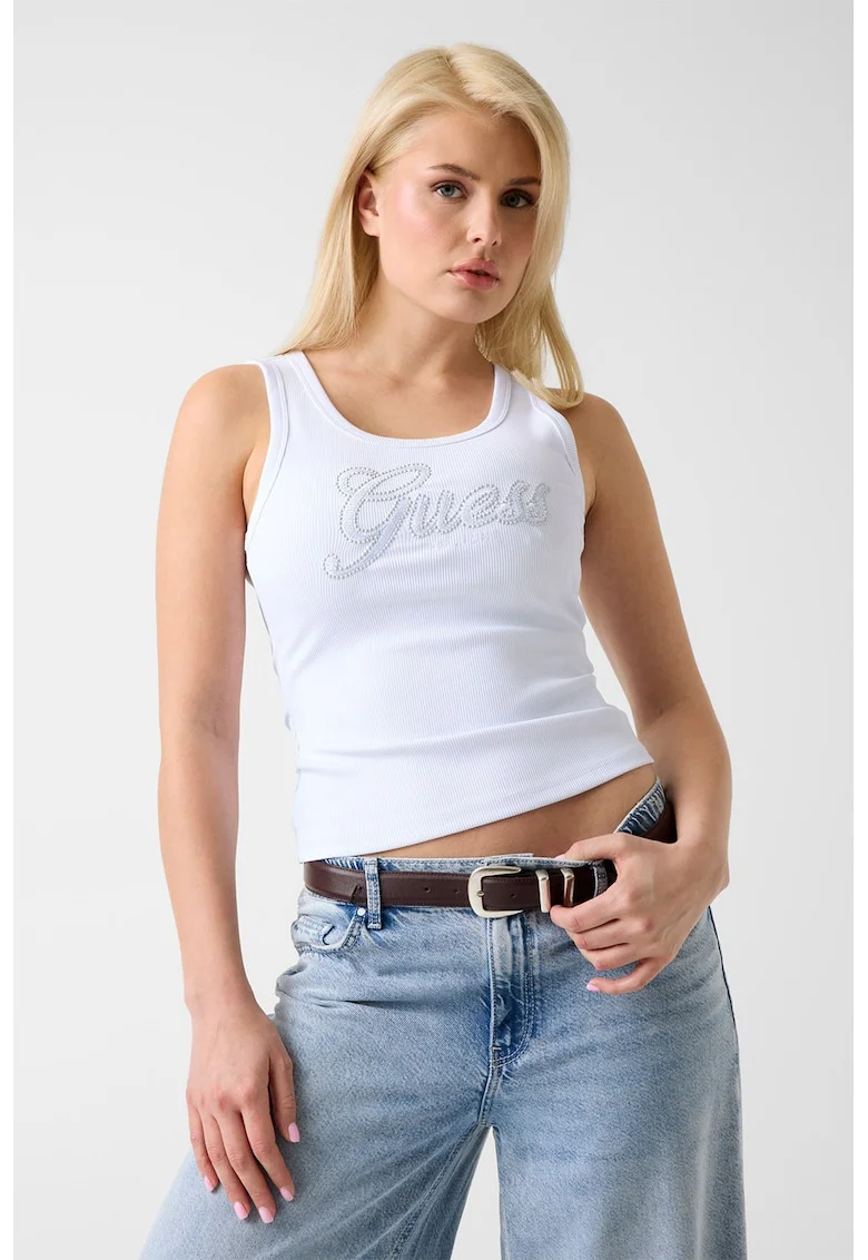 Top slim-fit cu striatii si logo, Verde pal/Alb optic