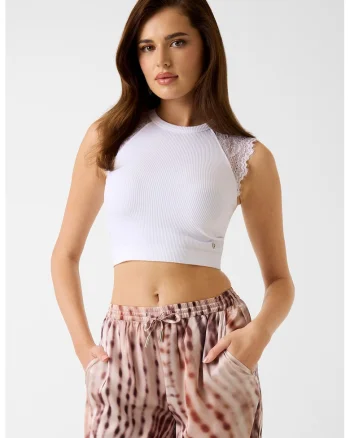 Top crop cu striatii si insertii din dantela, Alb