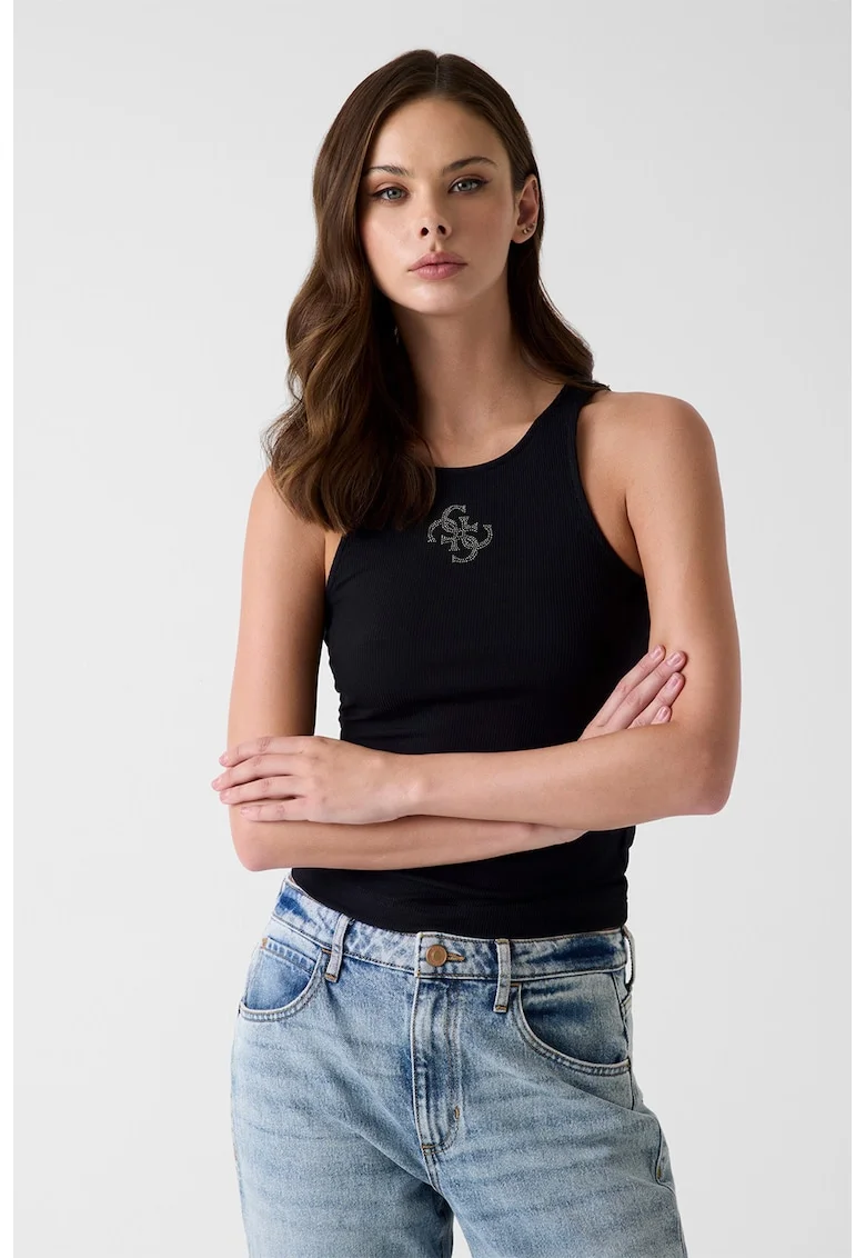 Top slim-fit cu striatii si logo din strasuri, Negru/Argintiu