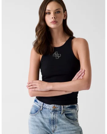 Top slim-fit cu striatii si logo din strasuri, Negru/Argintiu
