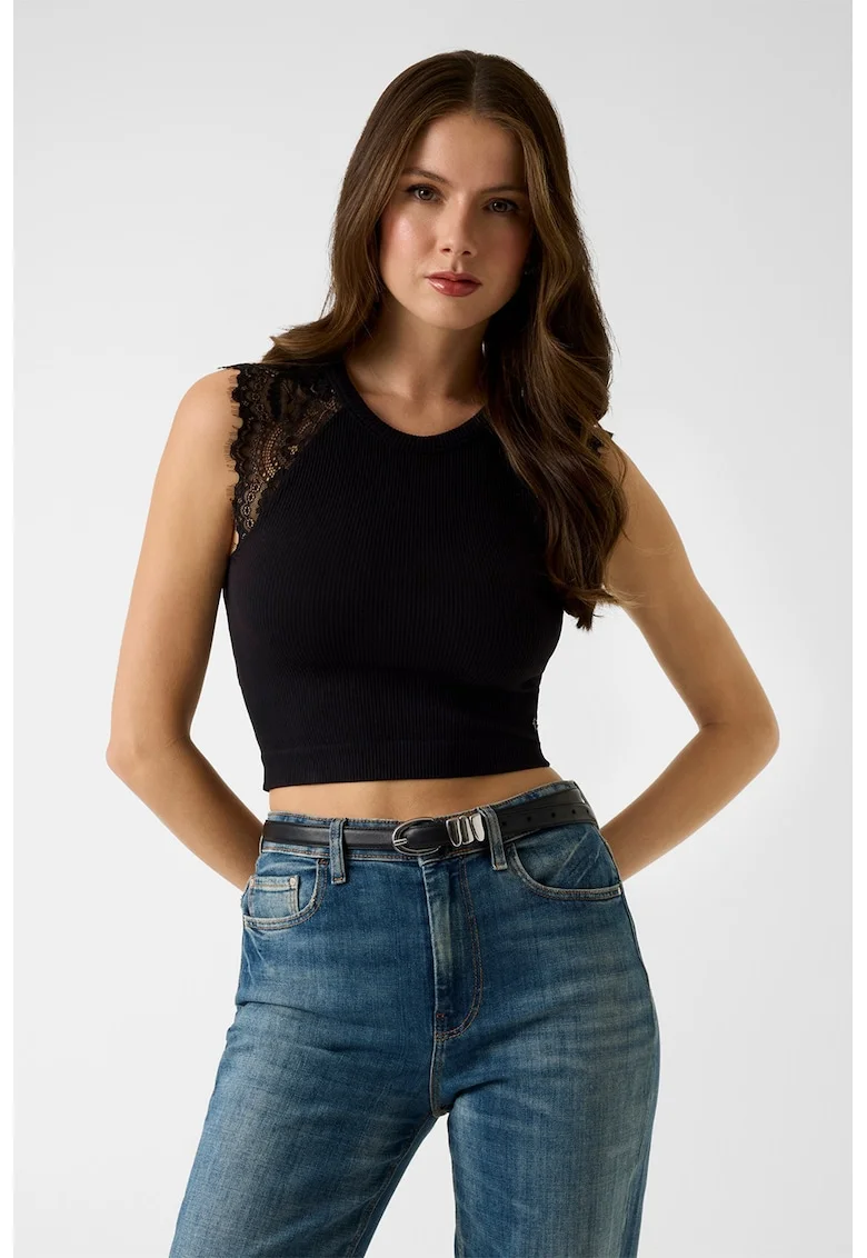 Top crop cu striatii si insertii din dantela, Negru