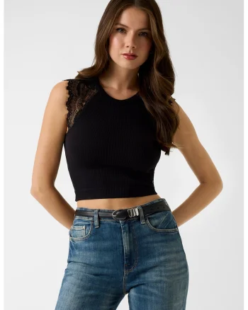 Top crop cu striatii si insertii din dantela, Negru