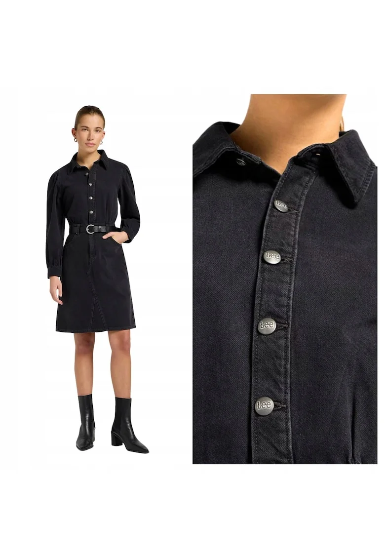 Rochie Dama,  Long Sleeve Dress, Regular Fit, Denim Aspect, Cu Guler, Lungime Mini, Cu Nasturi, Bumbac, Negru, Negru