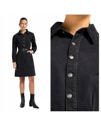 Rochie Dama,  Long Sleeve Dress, Regular Fit, Denim Aspect, Cu Guler, Lungime Mini, Cu Nasturi, Bumbac, Negru, Negru